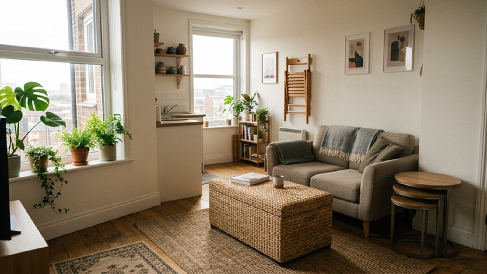 A tiny studio apartment with a folded Murphy bed and multi function furniture