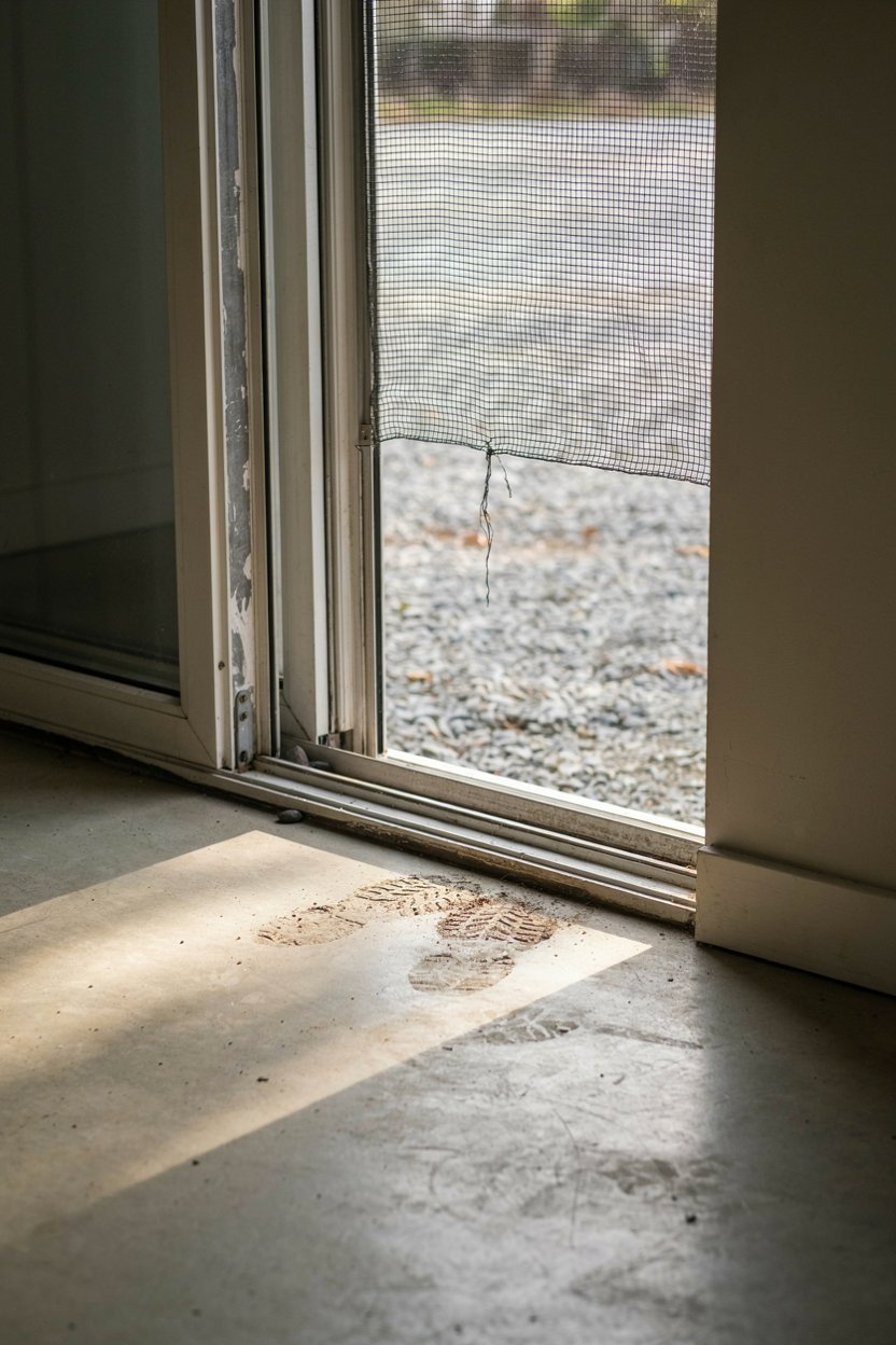 Magnetic bug screen across an open Sprinter sliding door on a gravel pitch