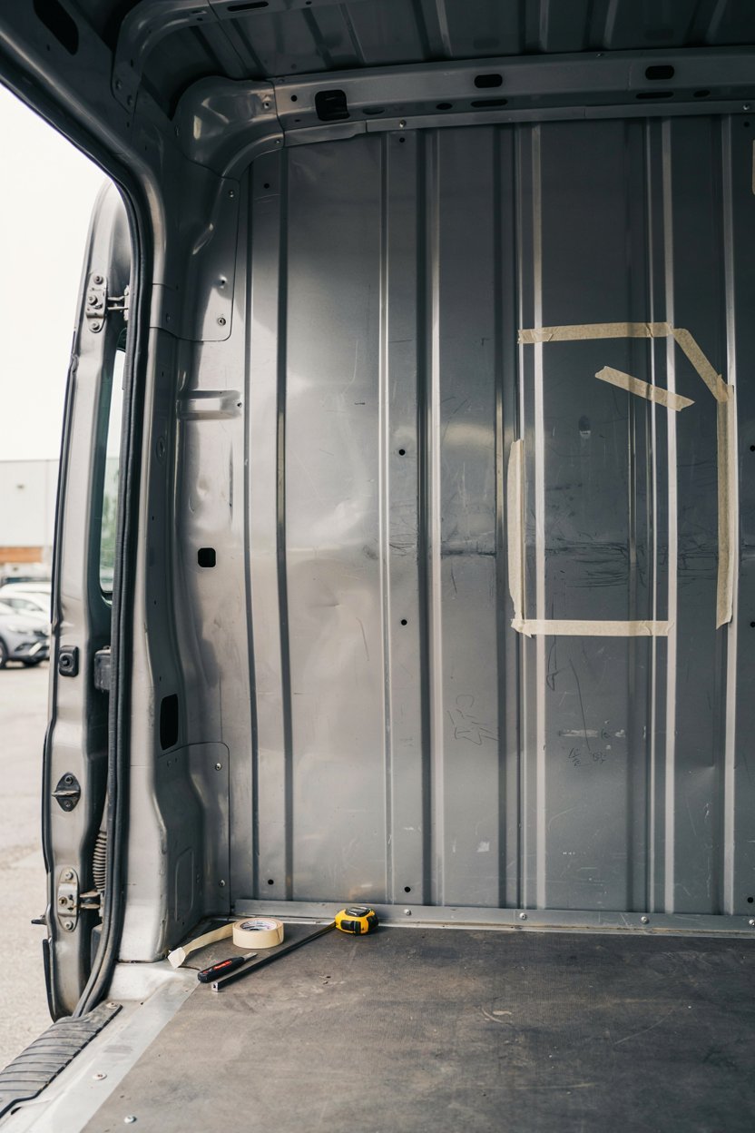 Bare Sprinter van shell with a window cutout marked out in masking tape