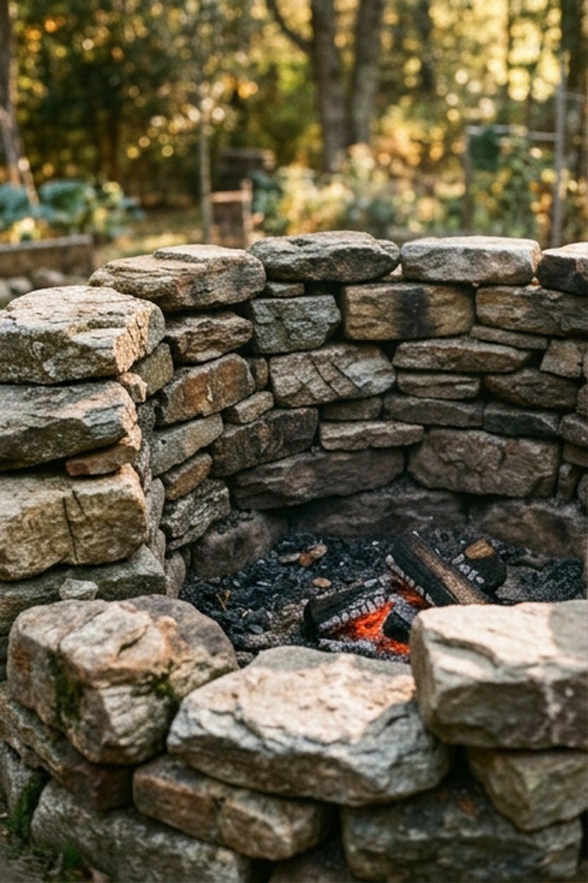A stacked stone fire pit wall in a rustic backyard setting