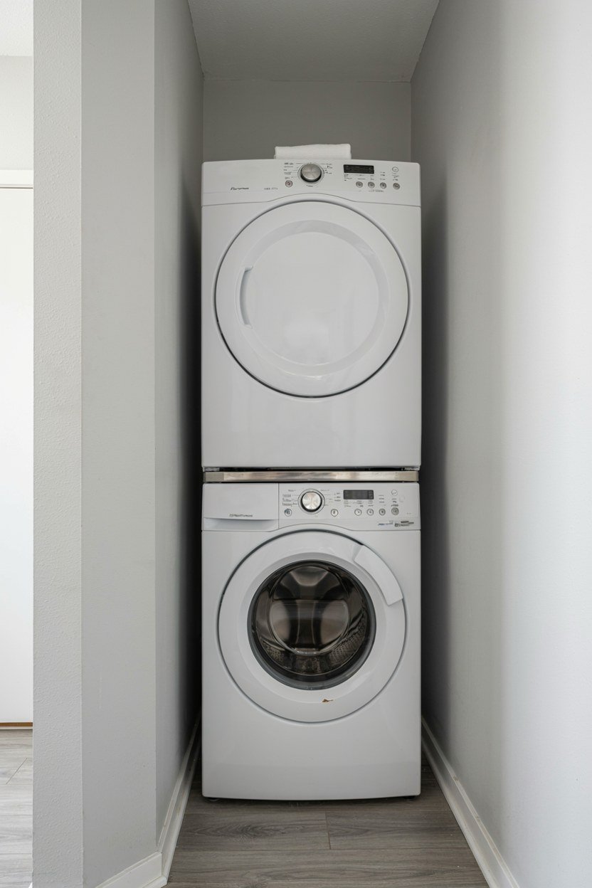 Stacked washer and dryer secured with a stacking kit in a narrow nook