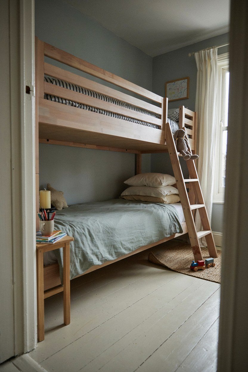Staggered bunk beds in a small shared children's room