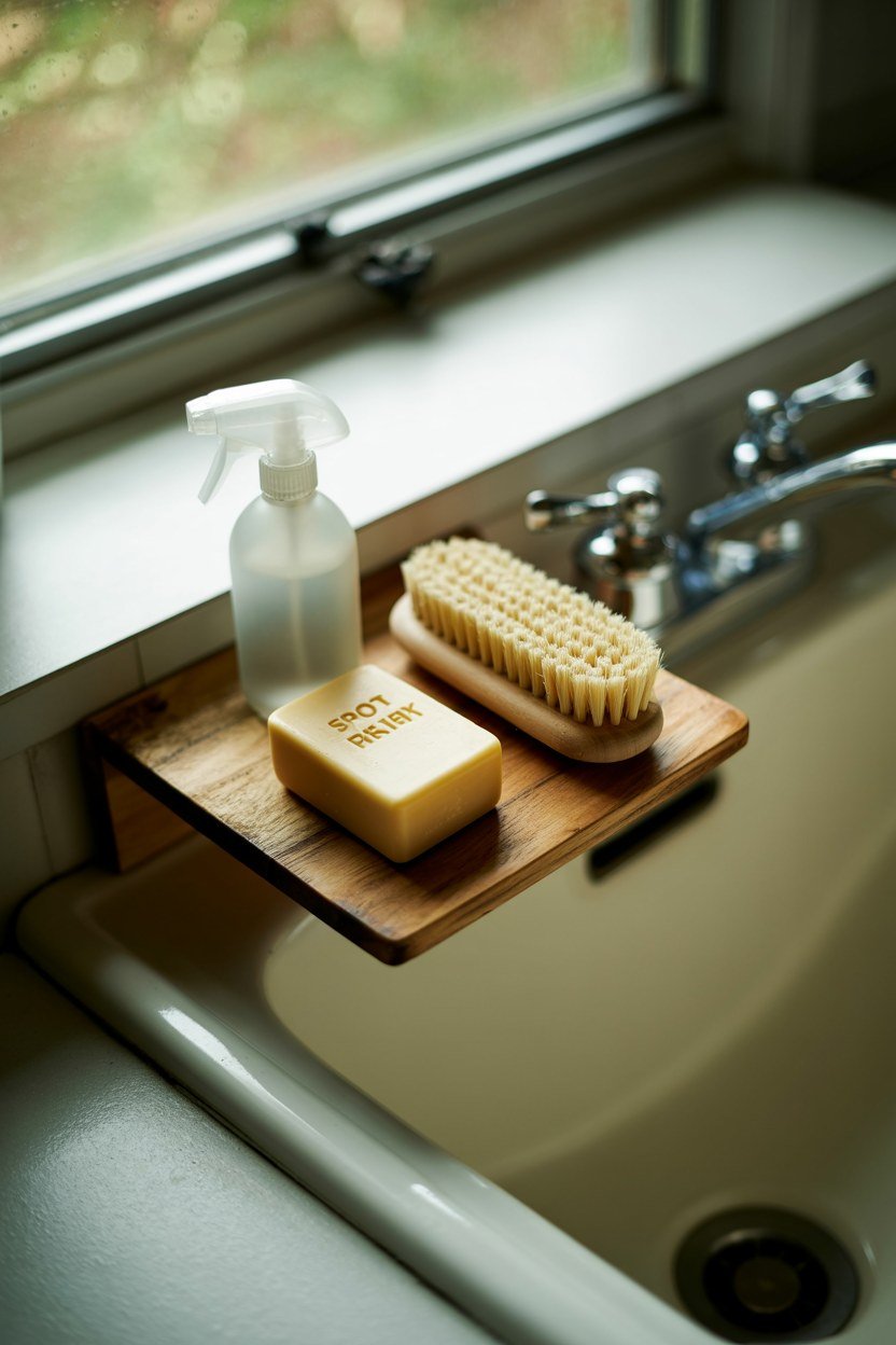 A small shelf holding a curated set of stain treatment products
