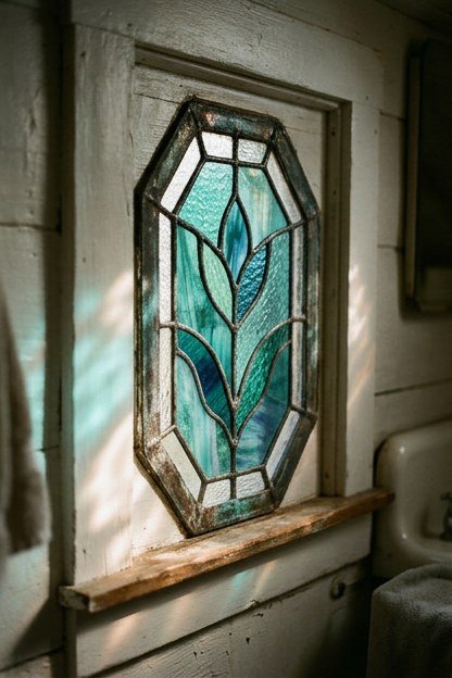 A custom teal stained glass window accent in an attic bathroom