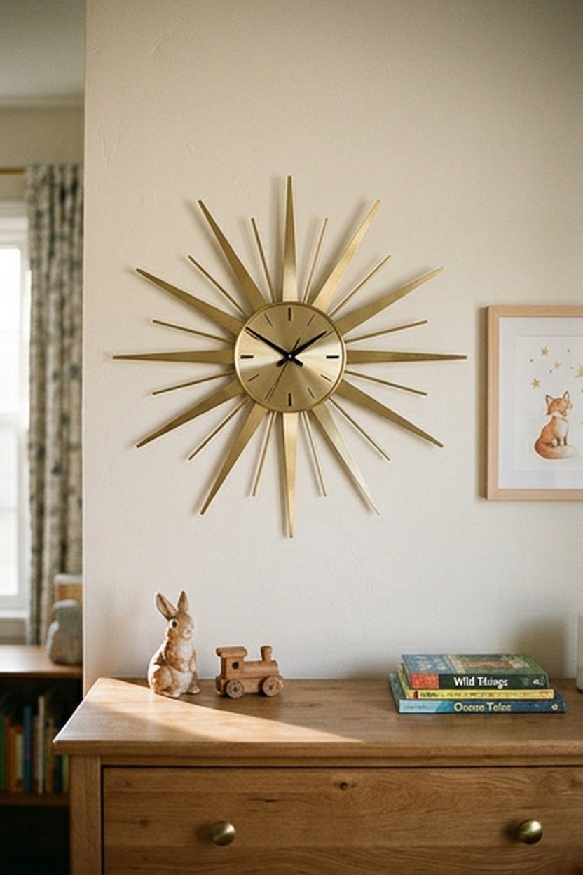 A starburst wall clock mounted in a kids bedroom