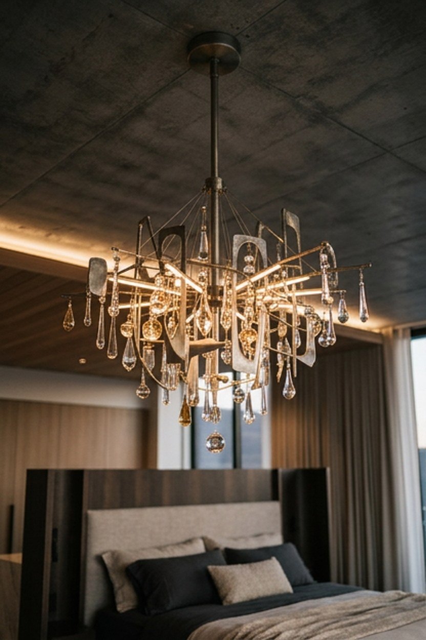 A statement chandelier hanging in a high end luxury bedroom