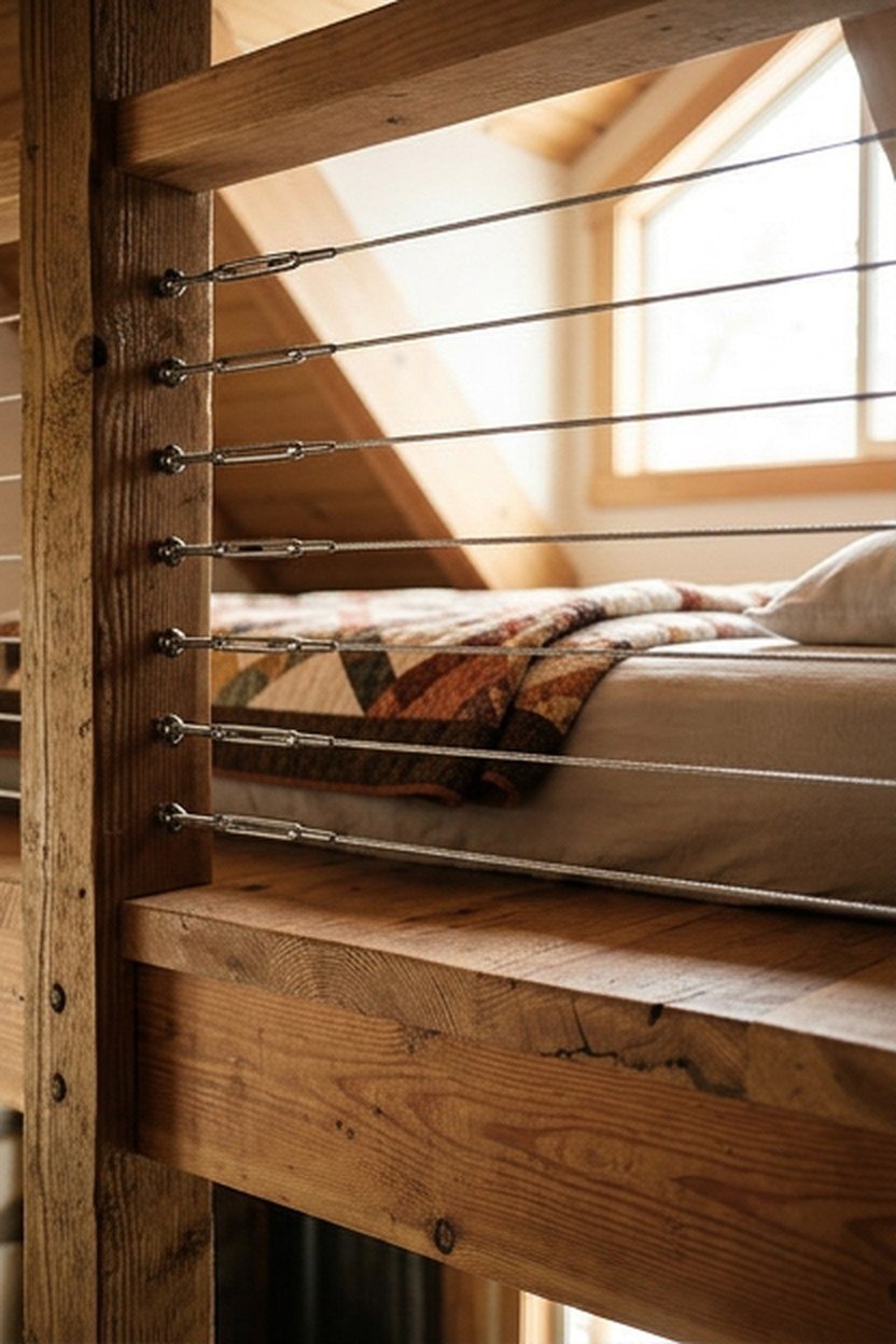 Steel cable railing along a lofted bed platform inside a van