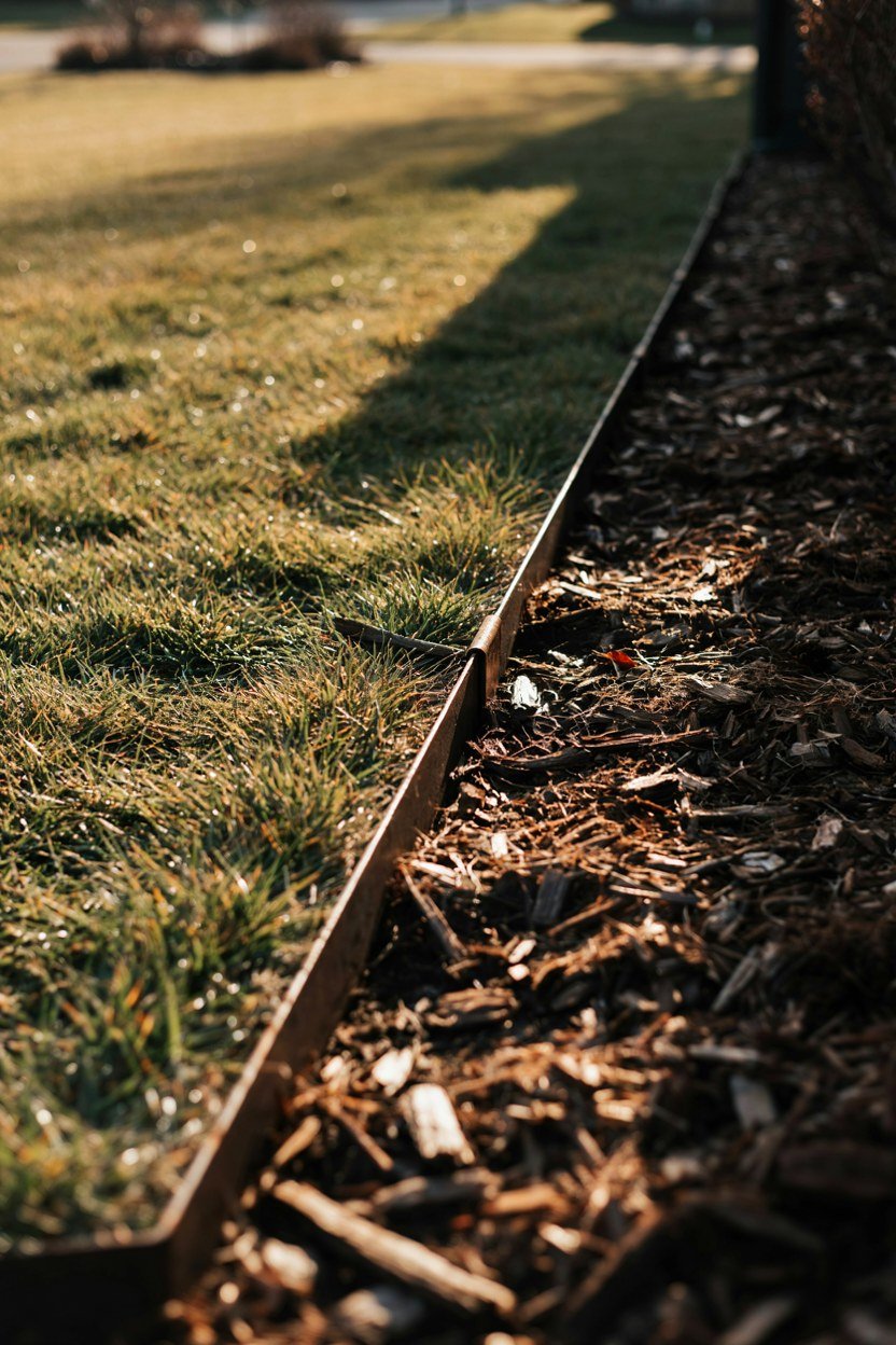 A steel edging strip holding a clean line between mown lawn and border soil