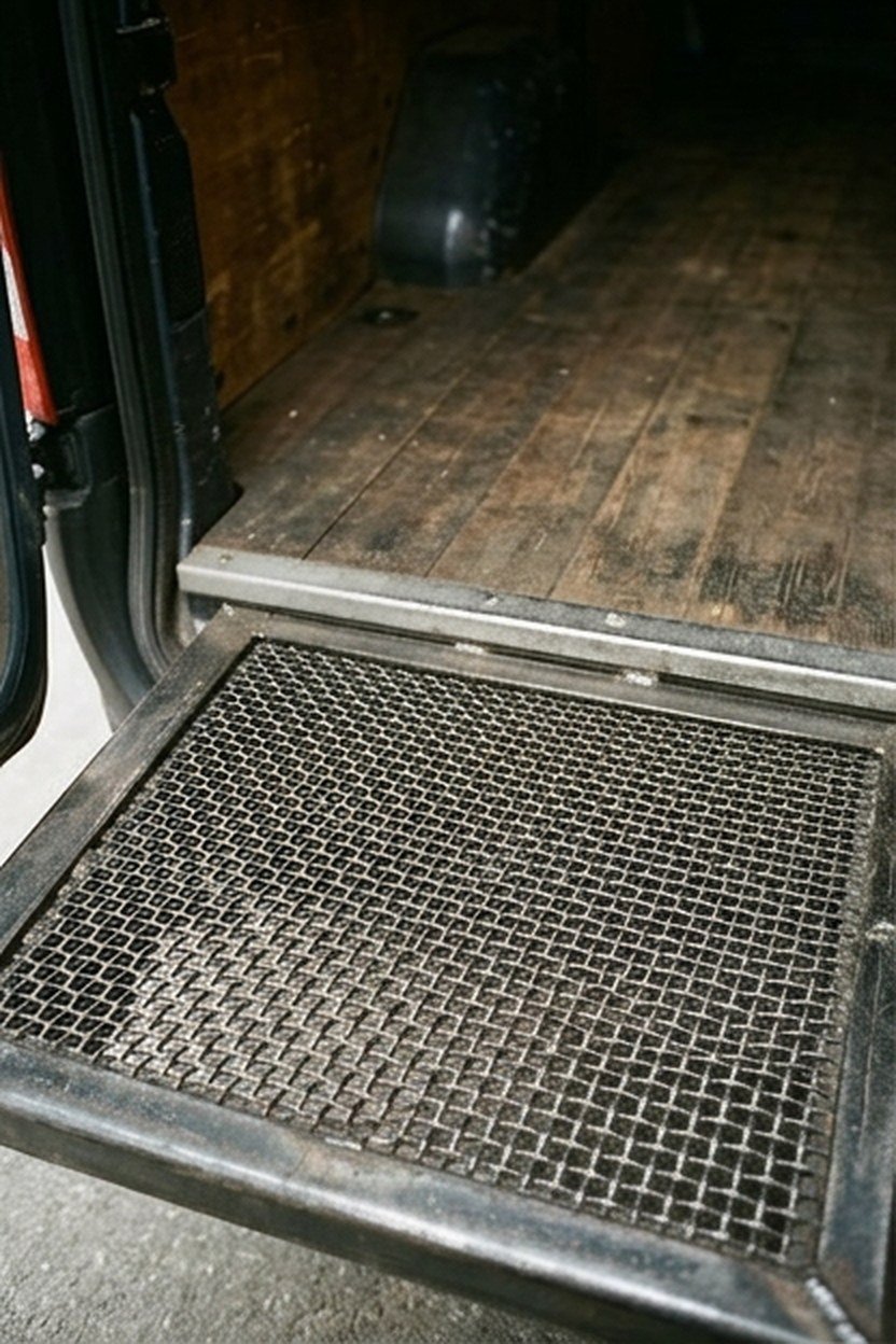 A steel grate flooring accent near a van entry door