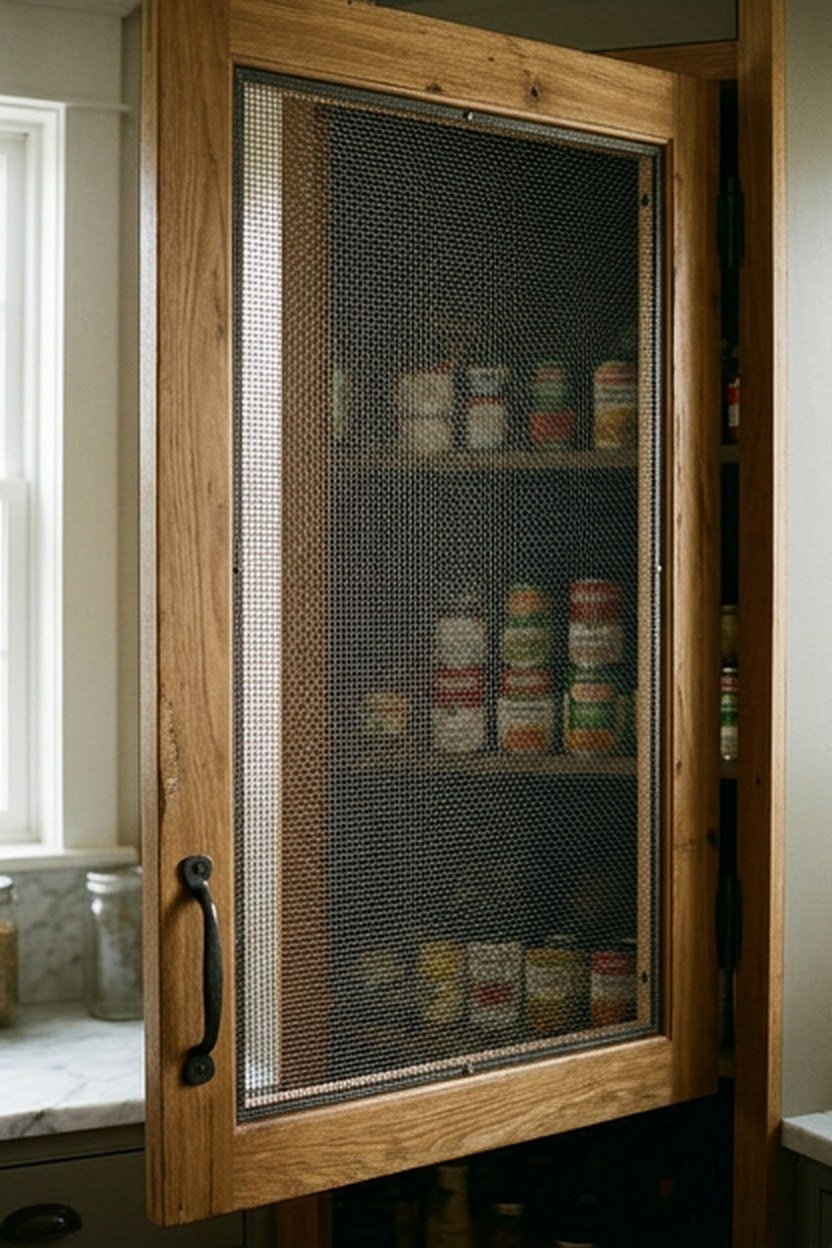 A steel mesh insert set into a van pantry cabinet door
