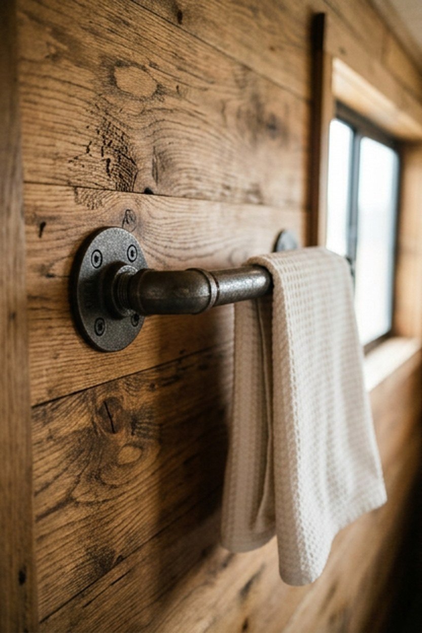 A steel pipe towel bar mounted in a van bathroom or closet