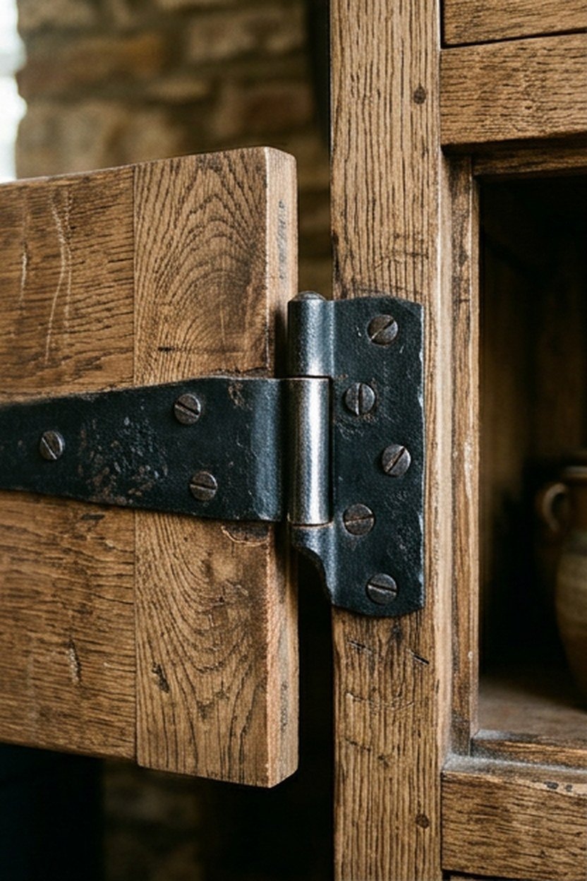 Steel strap hinges mounted on cabinet doors inside a van