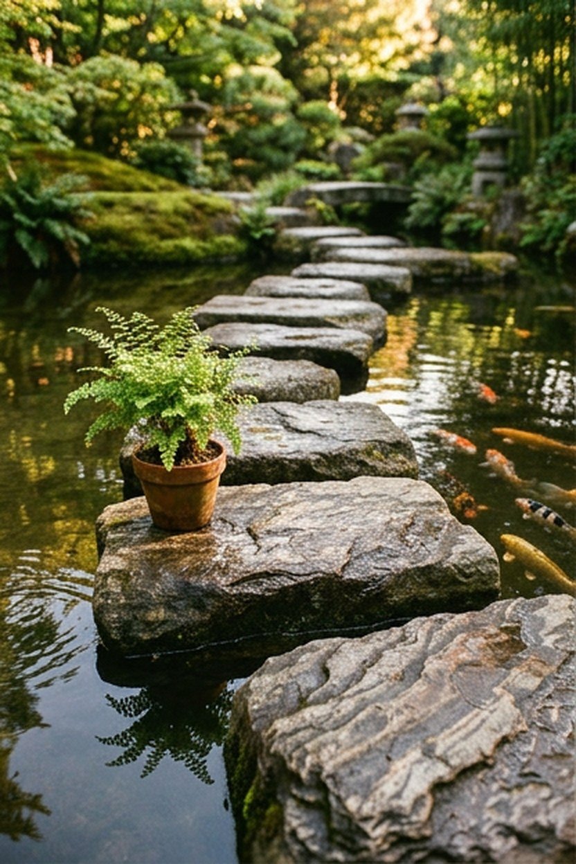 Stepping stones crossing a koi pond in a garden setting