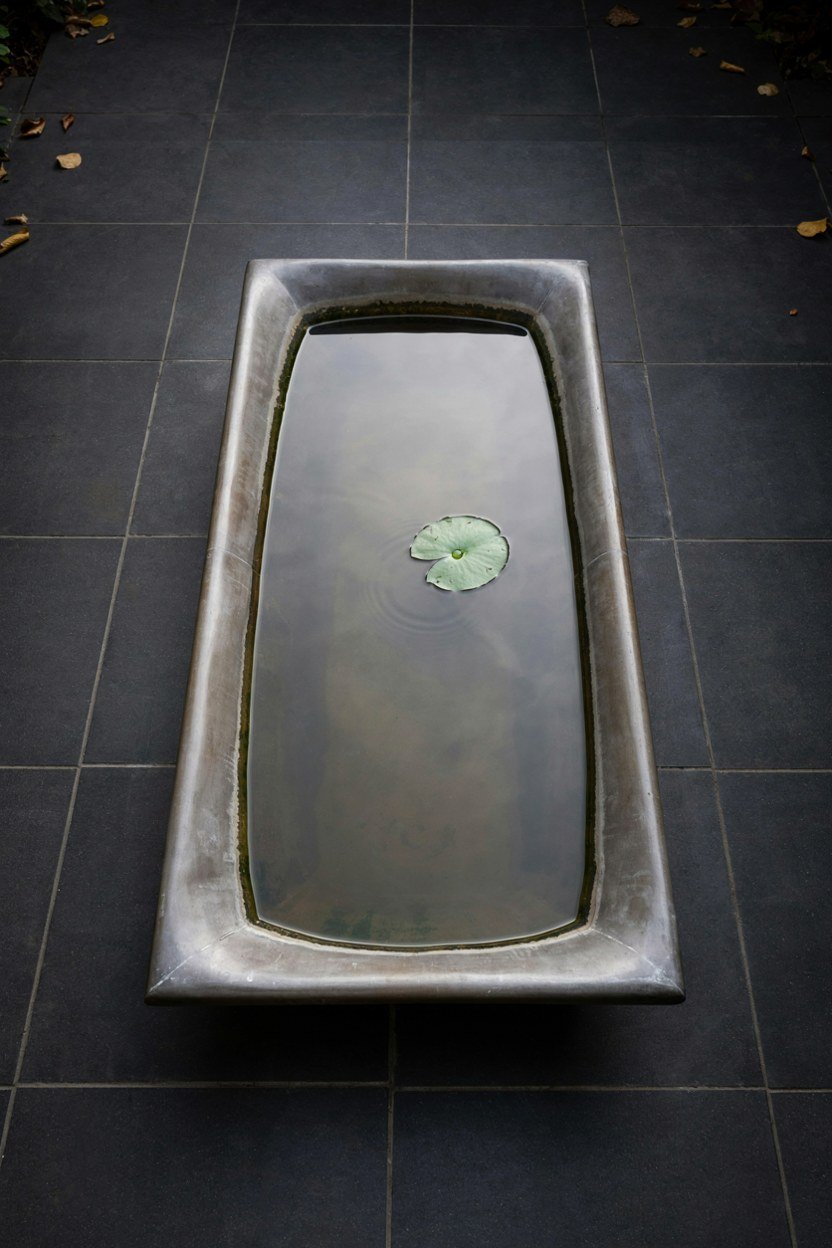 Small still water trough reflecting the sky on a dark patio