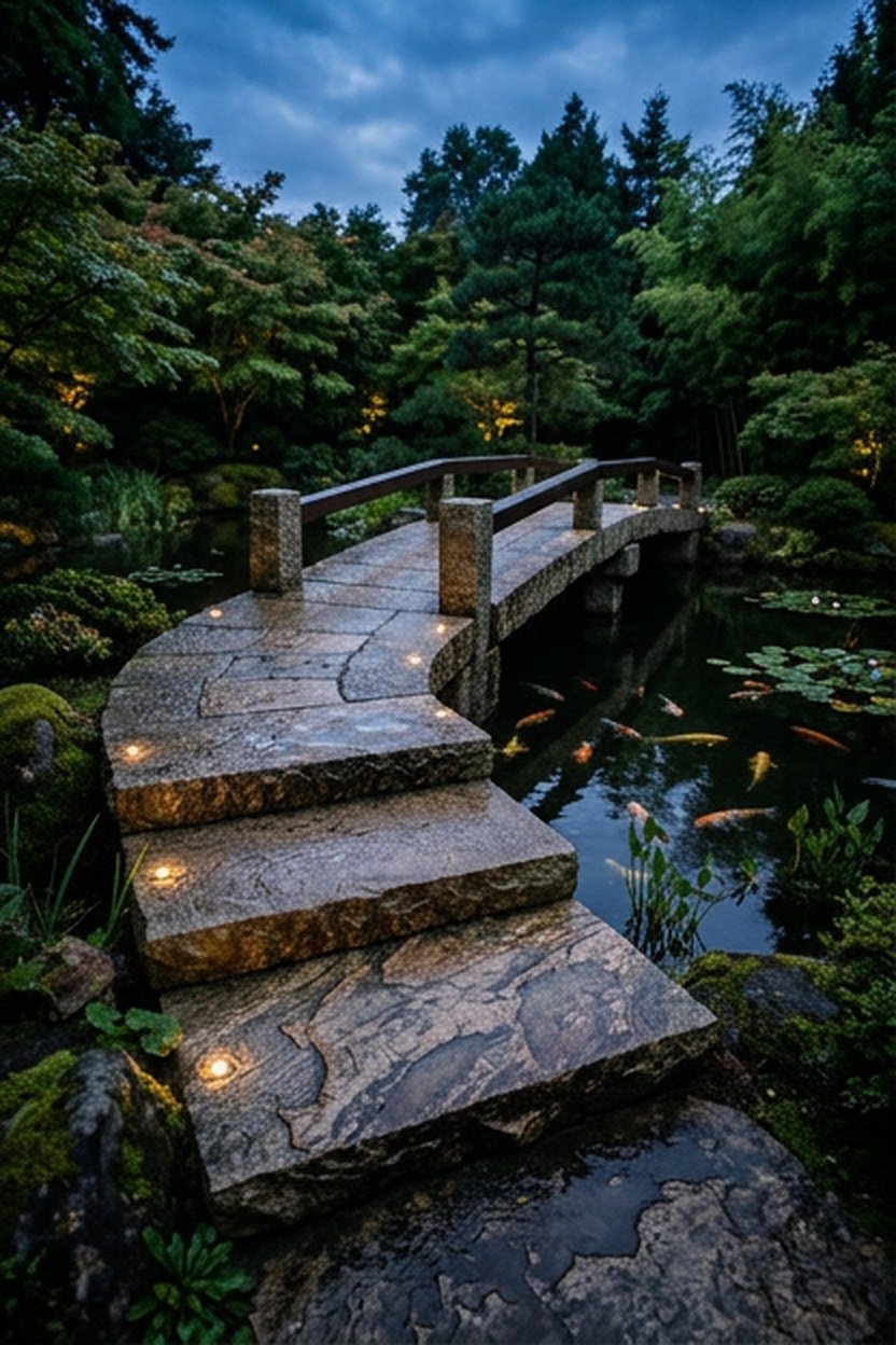 A stone bridge with integrated lighting crossing a koi pond