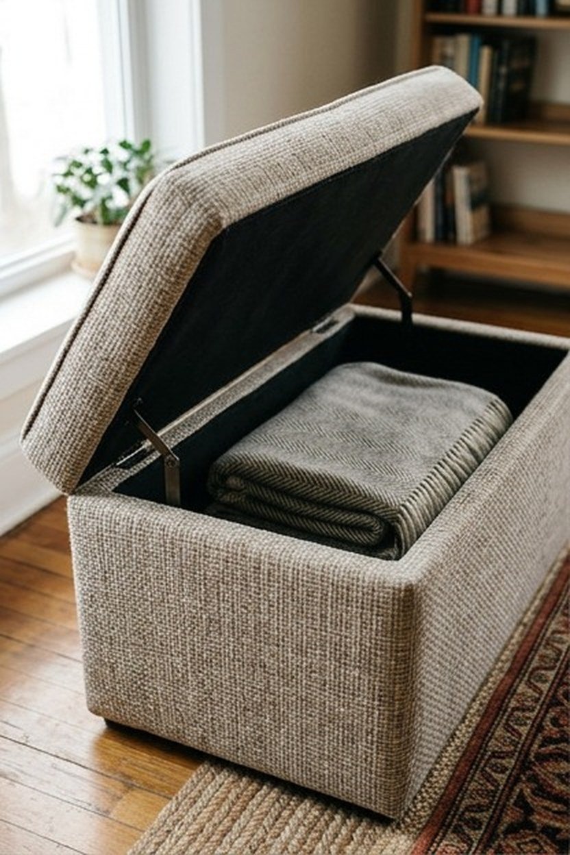 A storage ottoman doubling as seating and a coffee table
