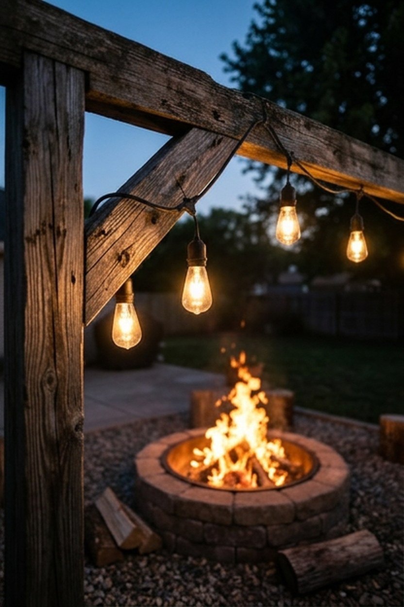 Warm string lights hung above a backyard fire pit at evening