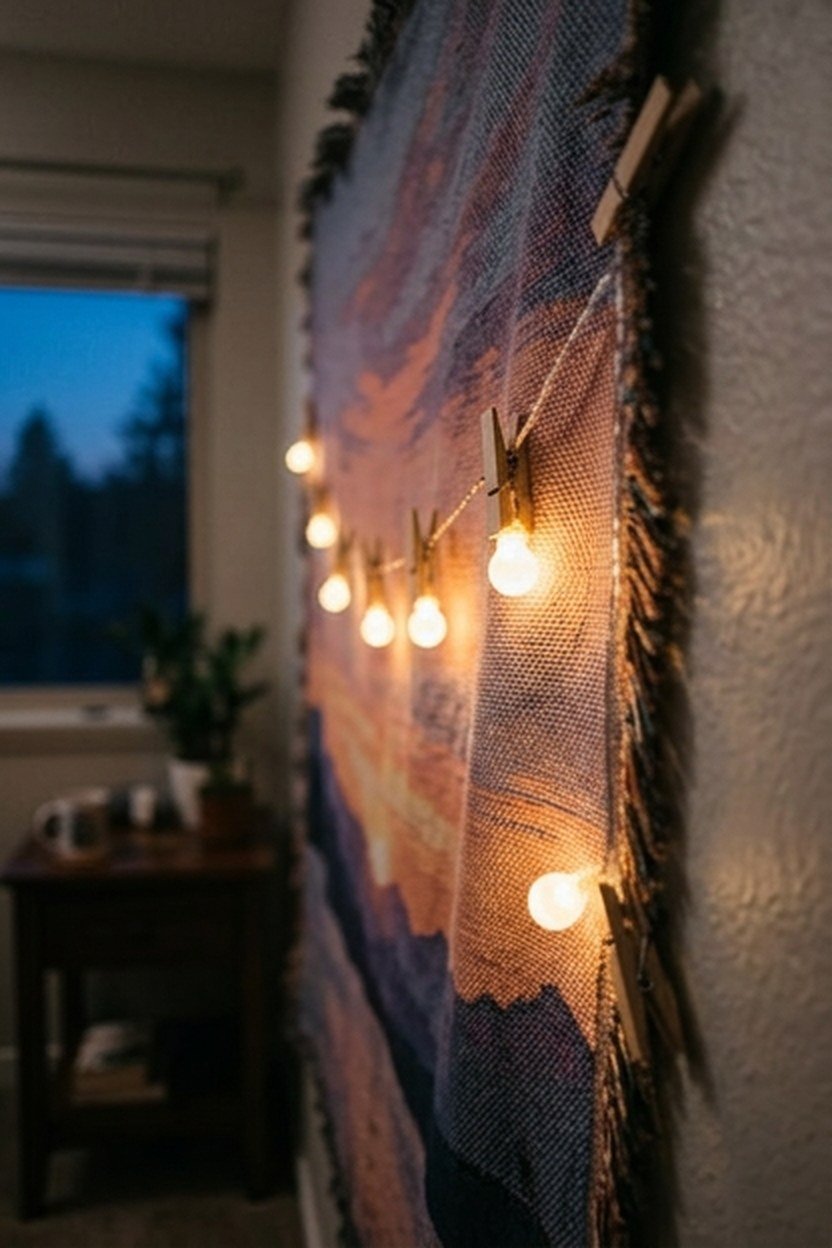 Warm string lights woven along the edge of a sunset tapestry