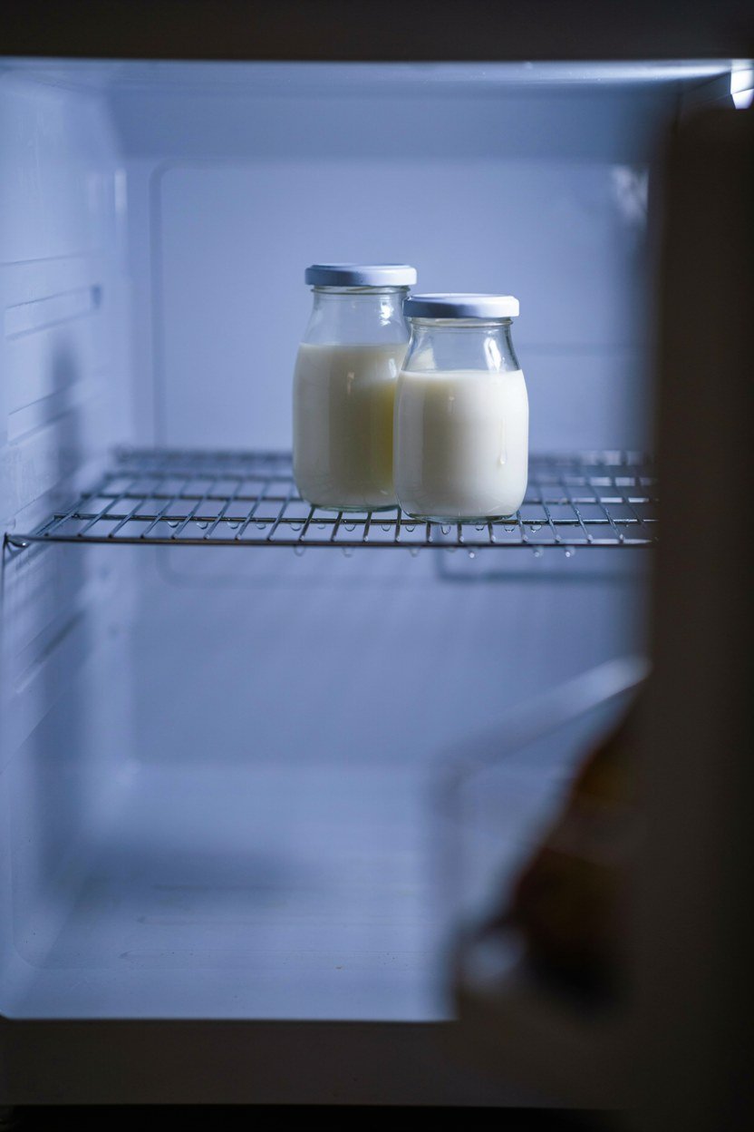 Small jugs of whole and oat milk in a compact studio fridge