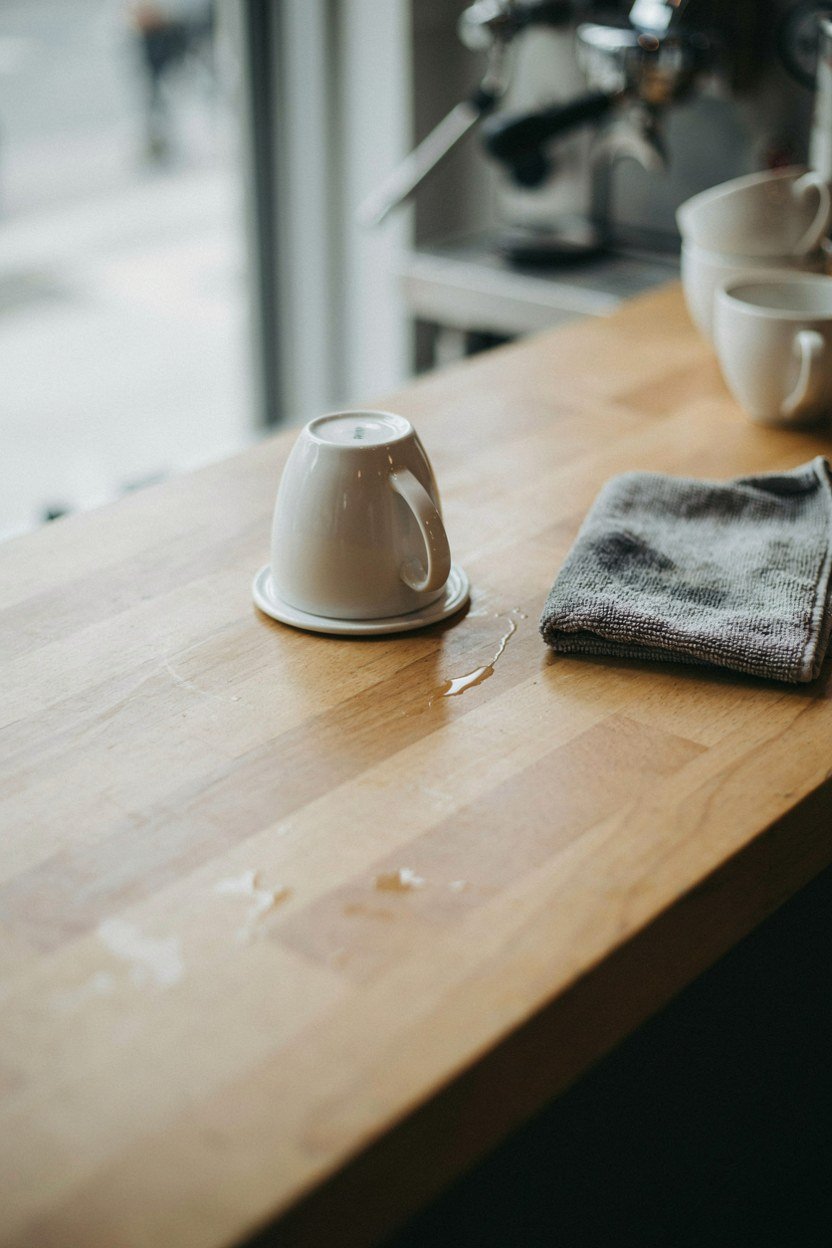 Coffee station counter wiped clean between studio clients