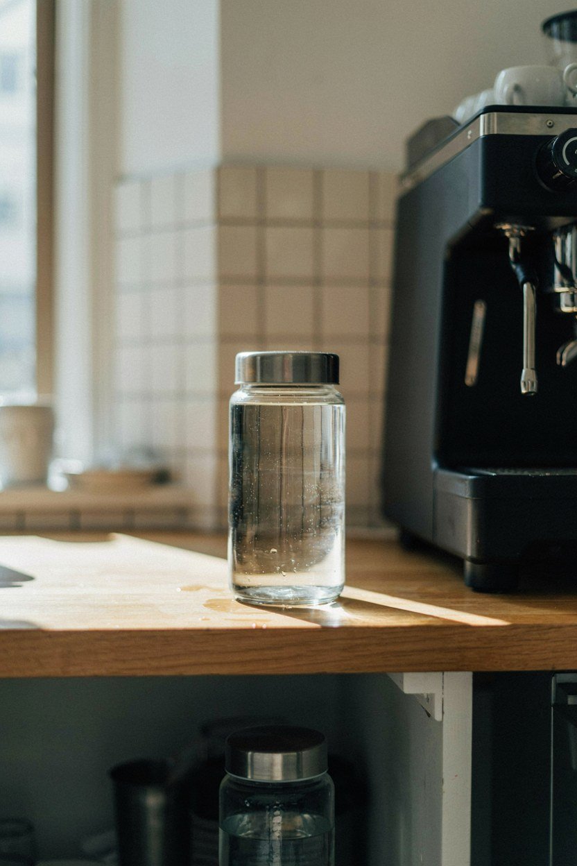 Covered water jug beside a studio coffee machine for daily refills