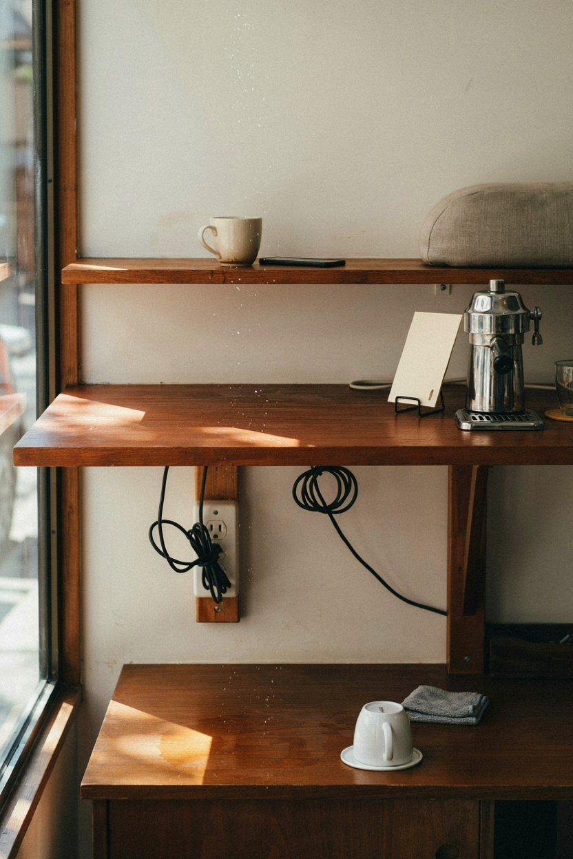 Narrow ledge beside a studio waiting chair holding a coffee cup