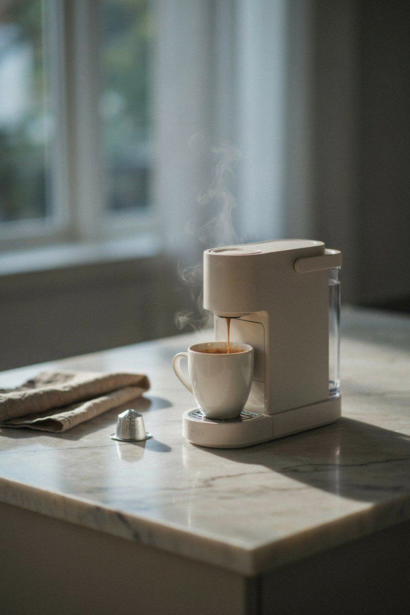 Compact pod coffee machine on a studio counter ready for clients