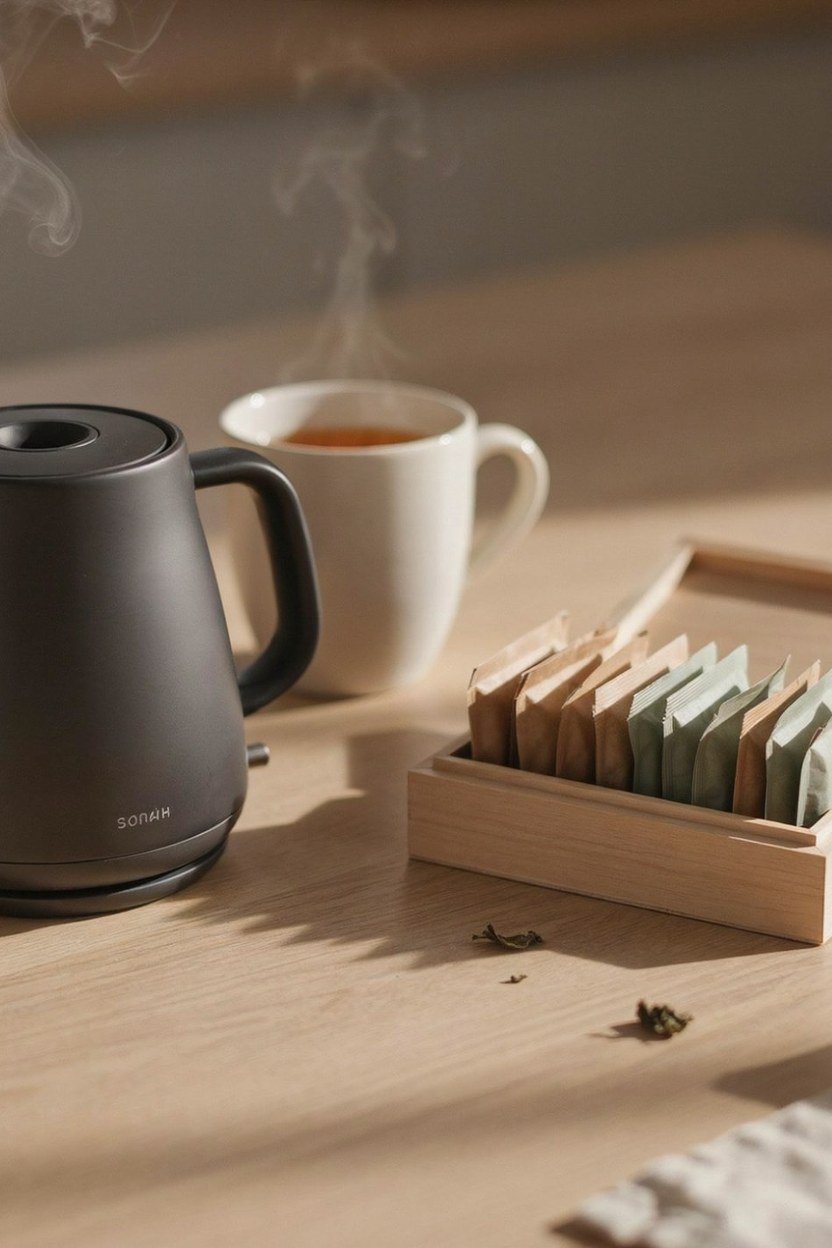 Tea box and kettle set beside a studio coffee station