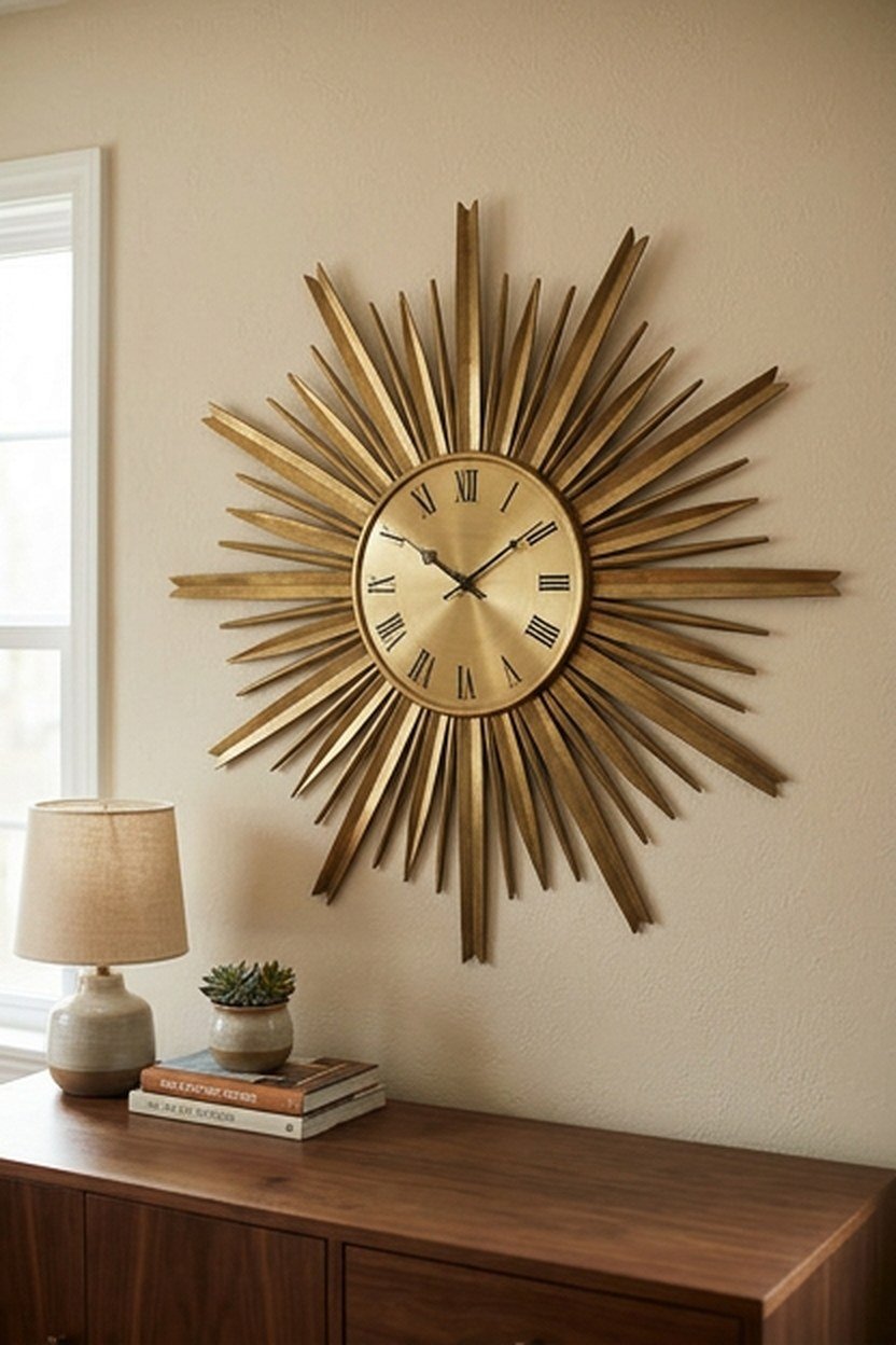 A sunburst wall clock as a focal accent in a library