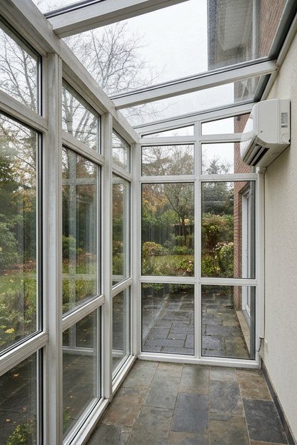 A fully glazed four season sunroom addition with insulated glass panels and aluminum framing