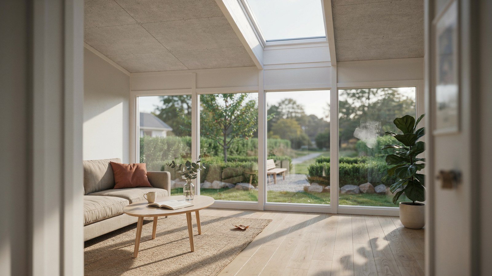 Bright sunroom addition with solid roof and large glazing facing a garden