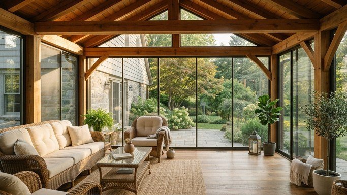 A bright four season sunroom addition with large glass walls and a wood beam ceiling attached to a house