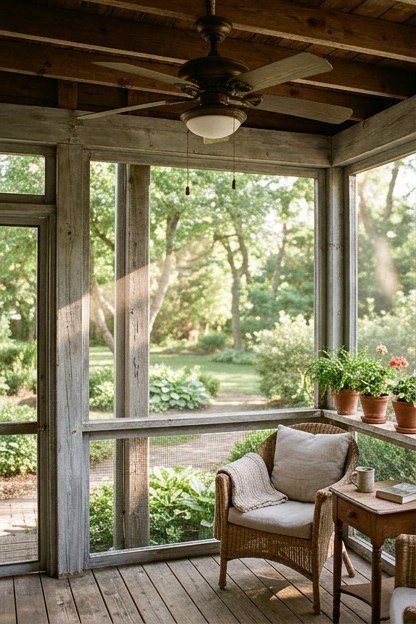 A traditional three season sunroom addition with screened walls and a pitched roof