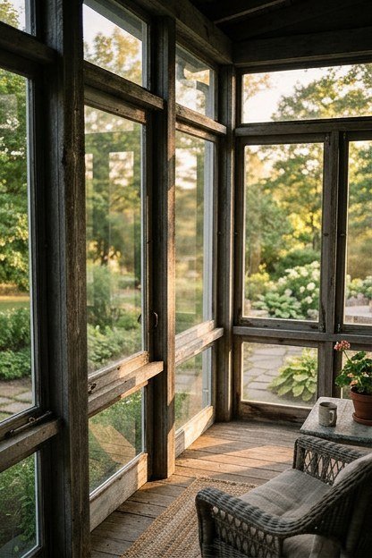 A sunroom conversion from an existing covered porch with original weathered woodwork