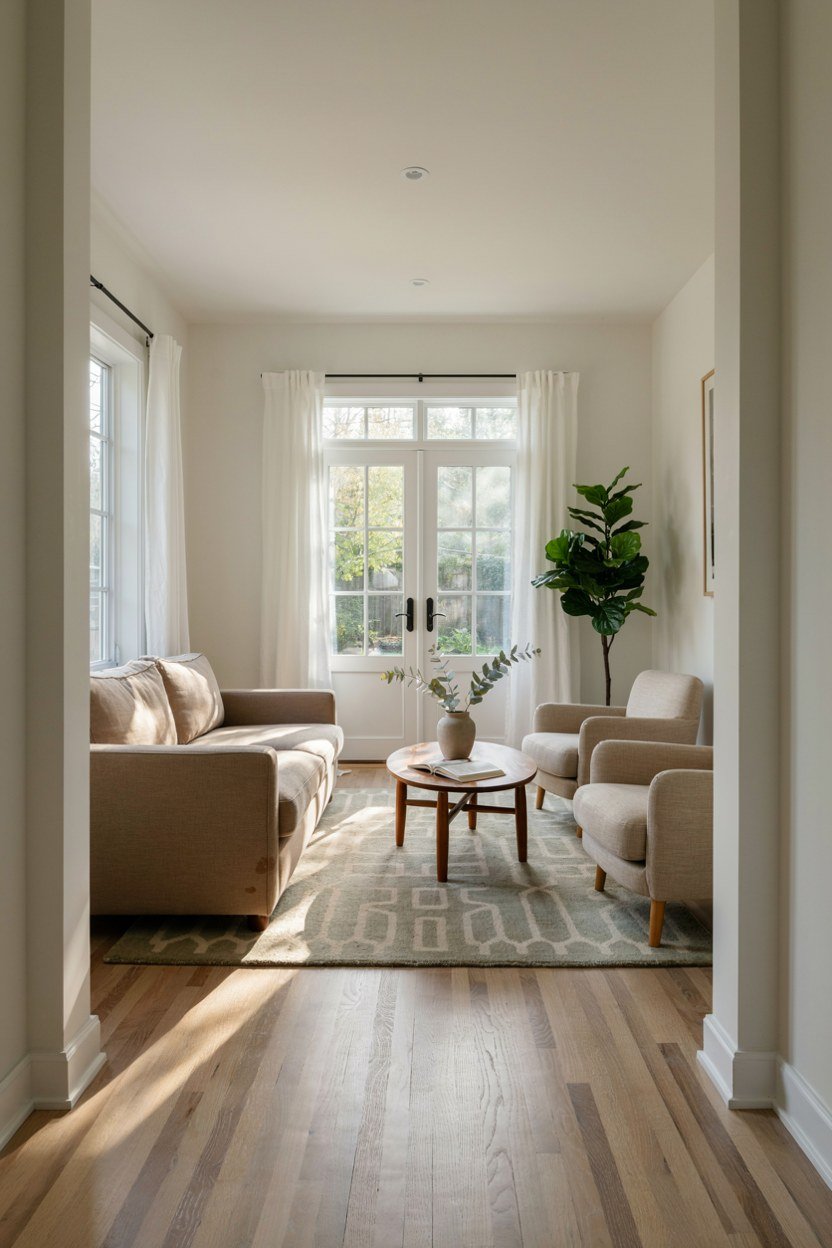 Sunroom furniture arranged with a clear walkway to the garden door