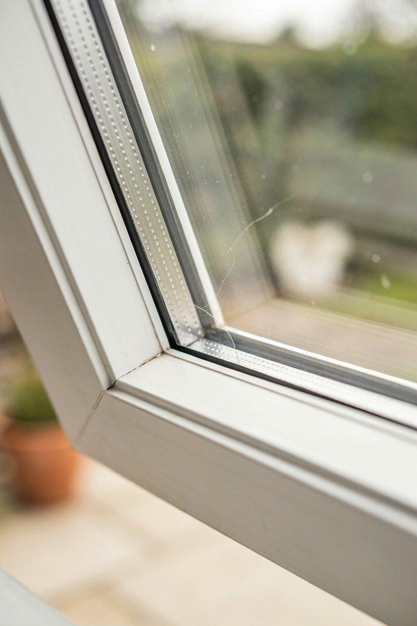 Close view of a double glazed sunroom window unit and frame