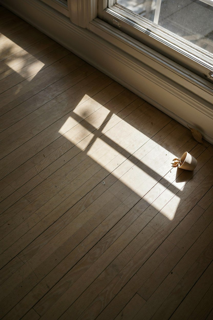 Afternoon sun tracking across a sunroom floor