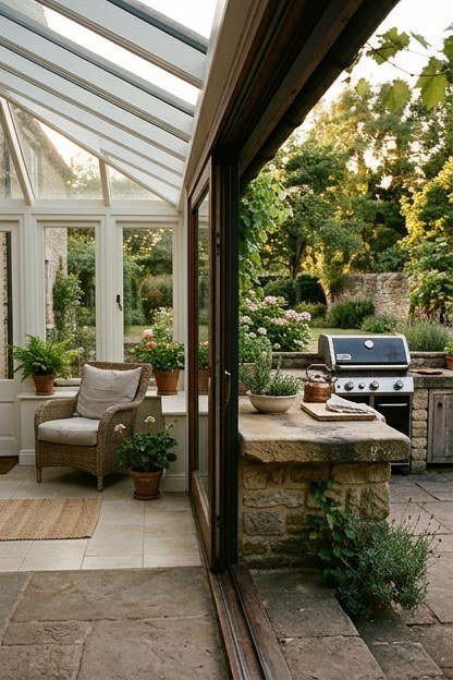 A sunroom addition with sliding doors leading to an adjacent outdoor kitchen and stone counters
