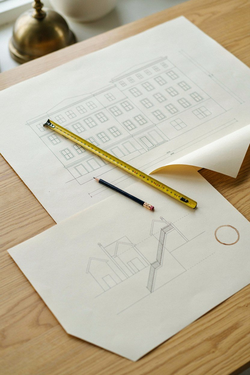 Planning drawings and a tape measure on a table