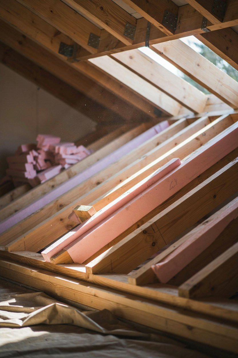 Insulation being fitted into a sunroom roof during construction