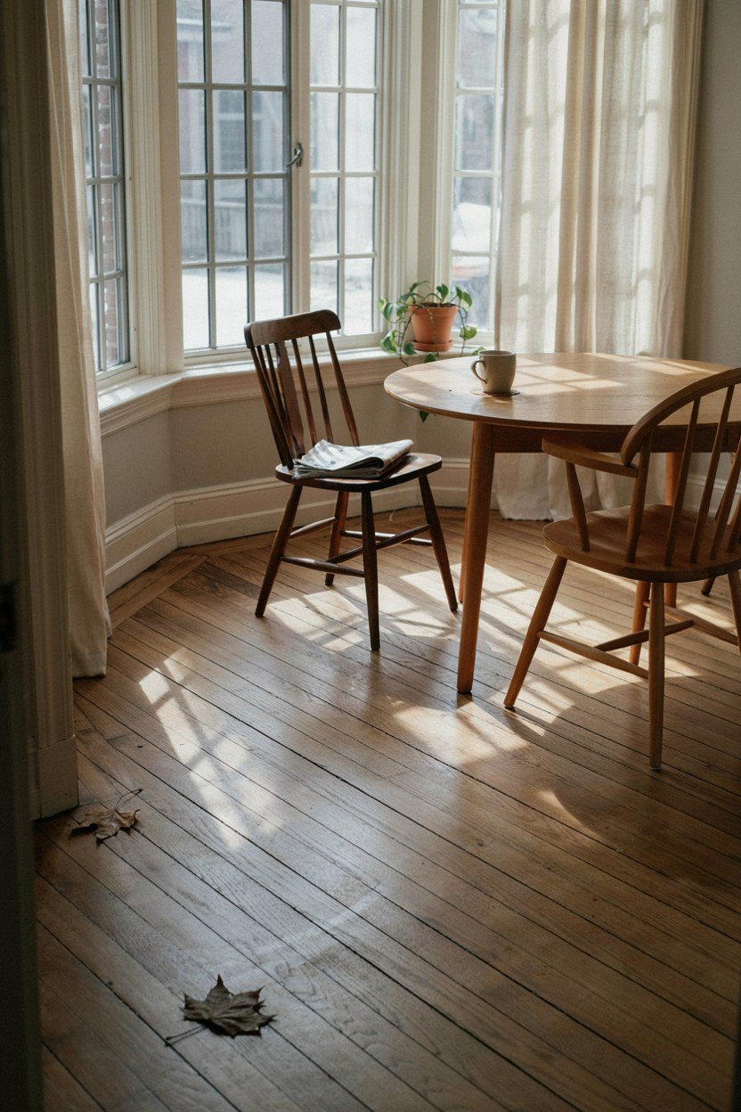Small breakfast table set in a sunroom in morning light