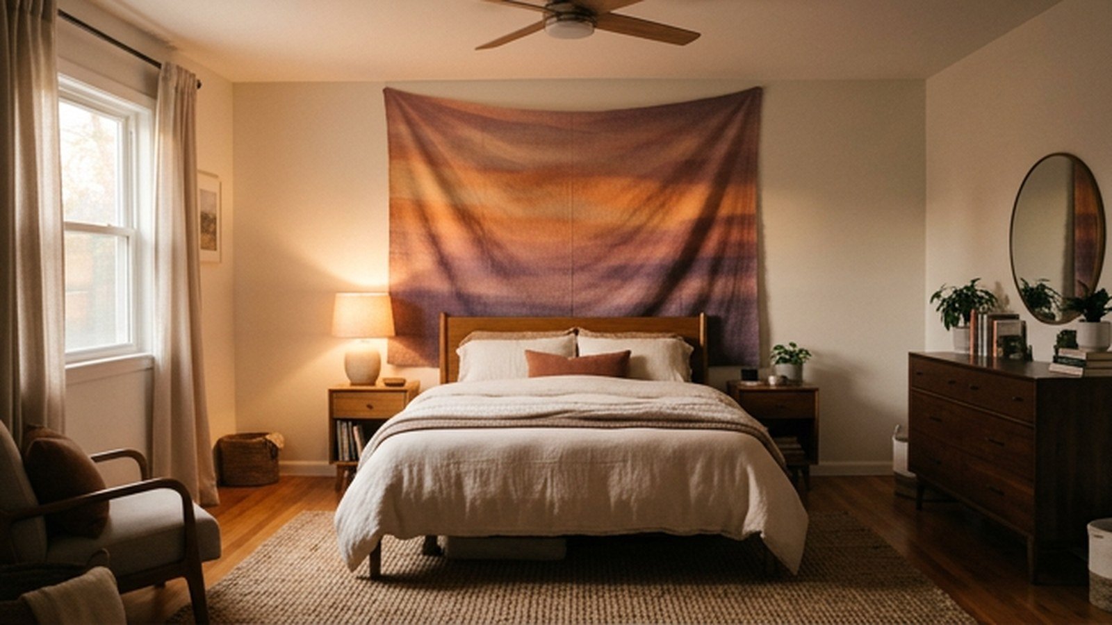 A sunset gradient tapestry hung behind a bedroom headboard