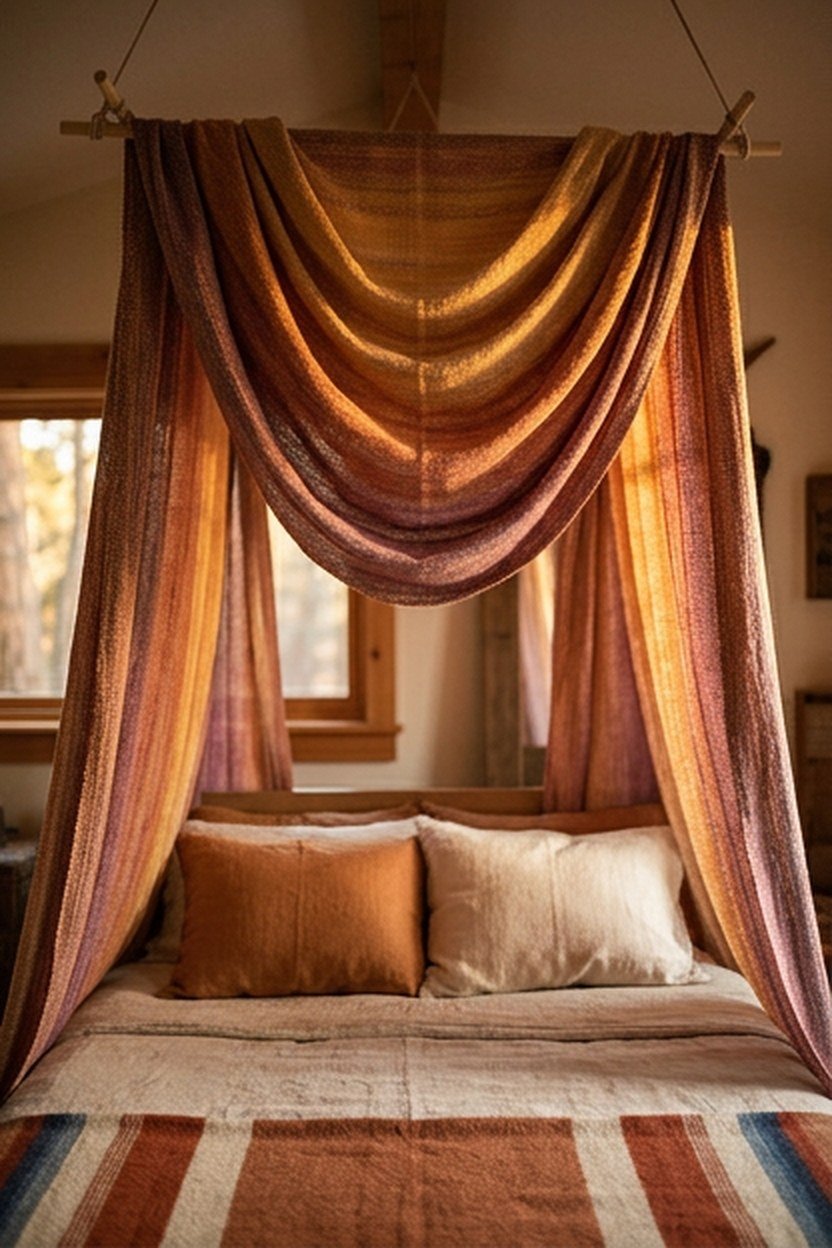 A sunset tapestry draped as a canopy above a bed