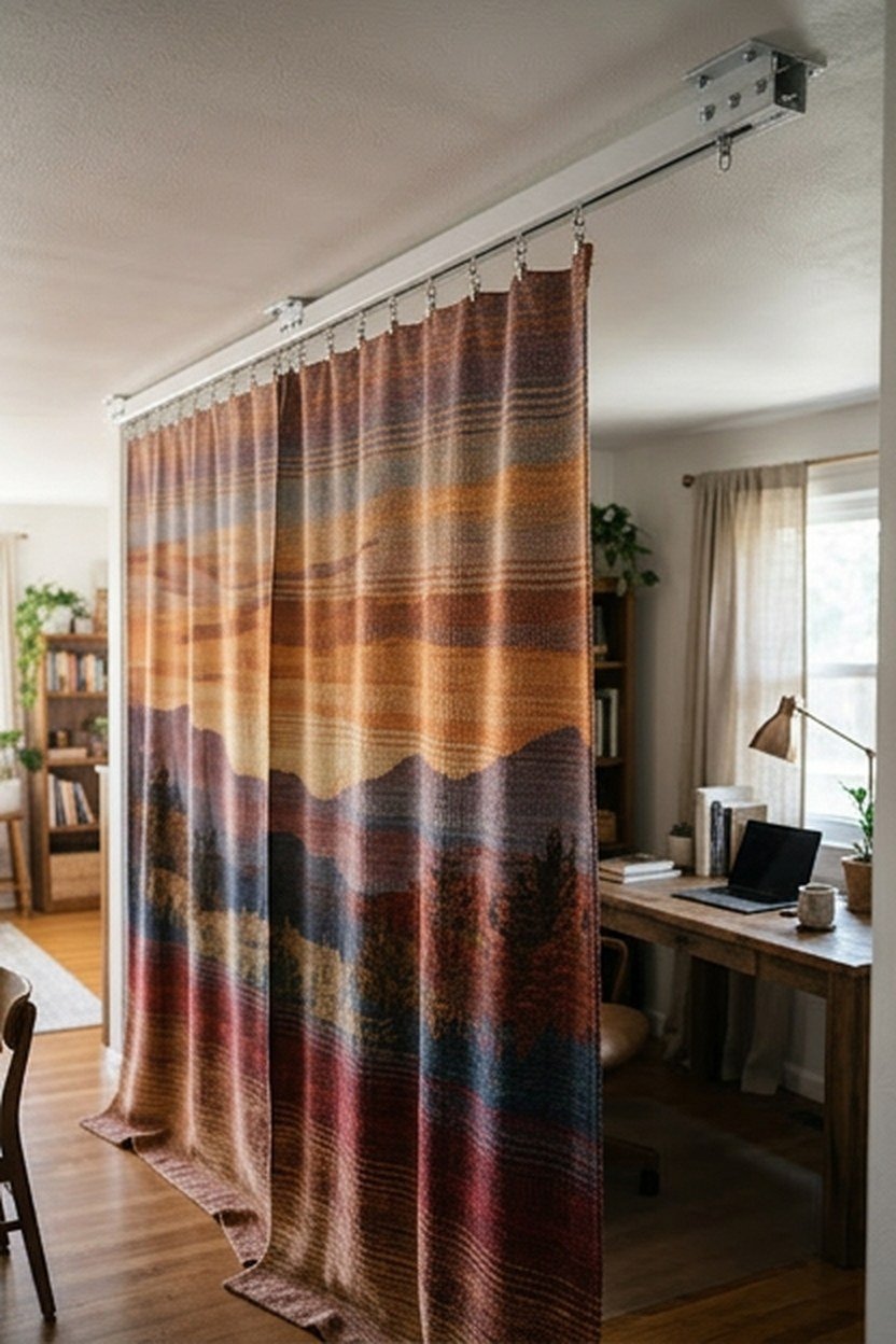 A sunset tapestry hung from the ceiling as a room divider