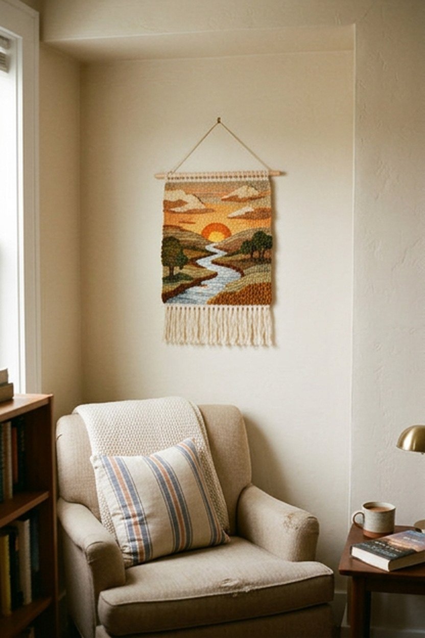 A small sunset tapestry hung in a bedroom reading nook alcove