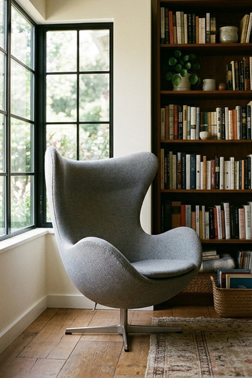 A compact swan style chair with a curved shell on a swivel base