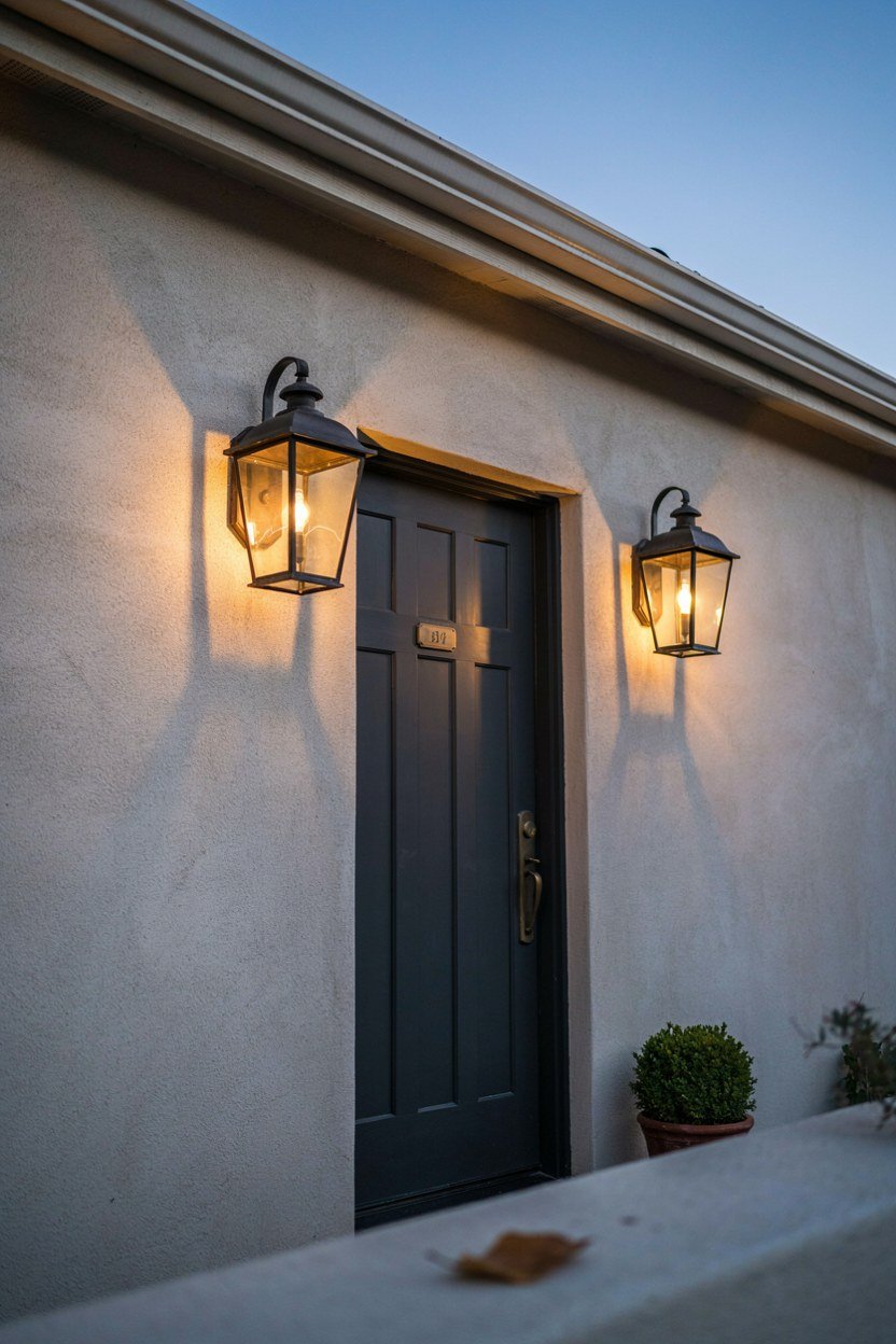 Matching lanterns mounted either side of a front door