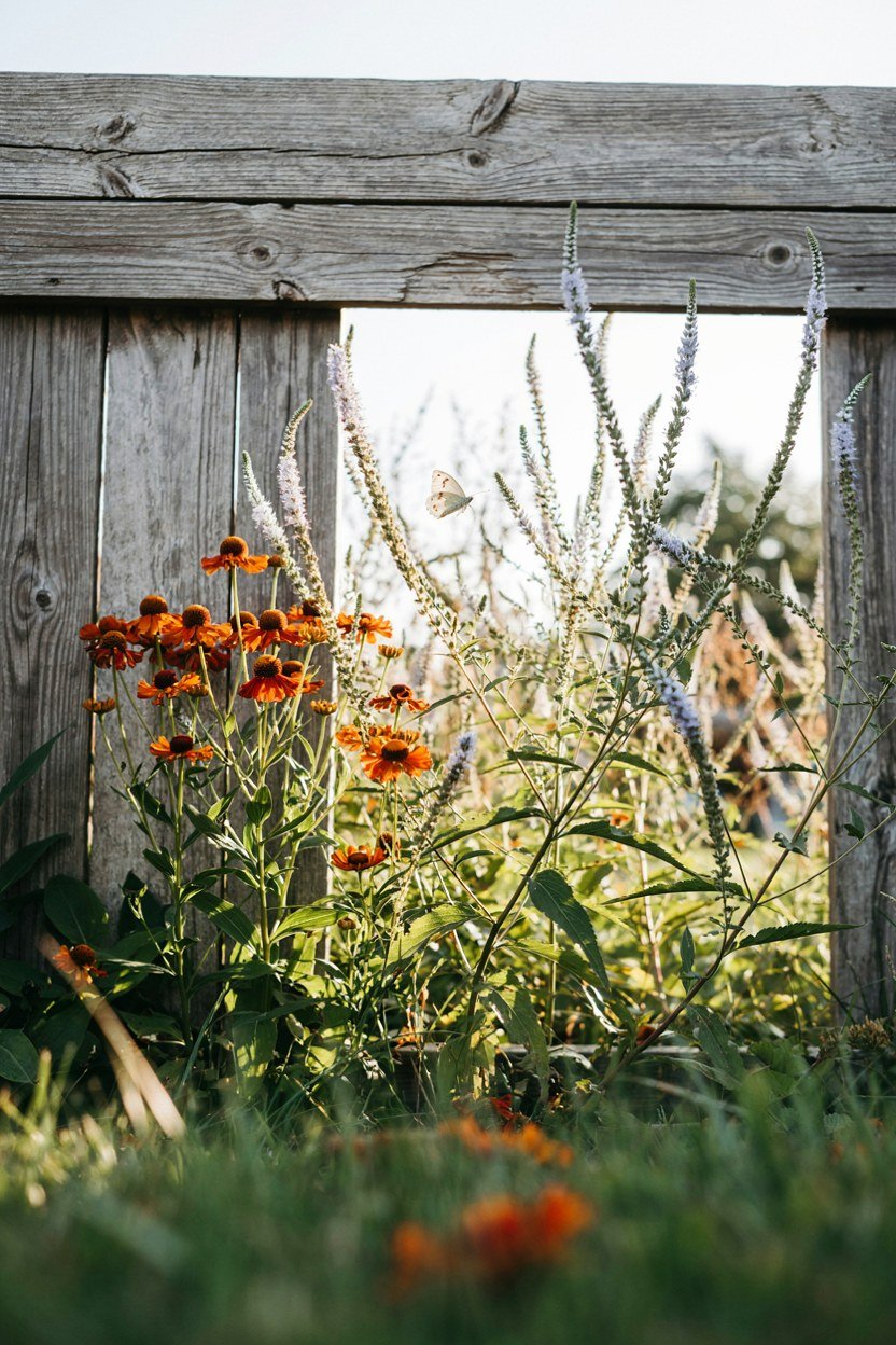 Tall helenium and veronicastrum stems standing against a fence at the back of a border