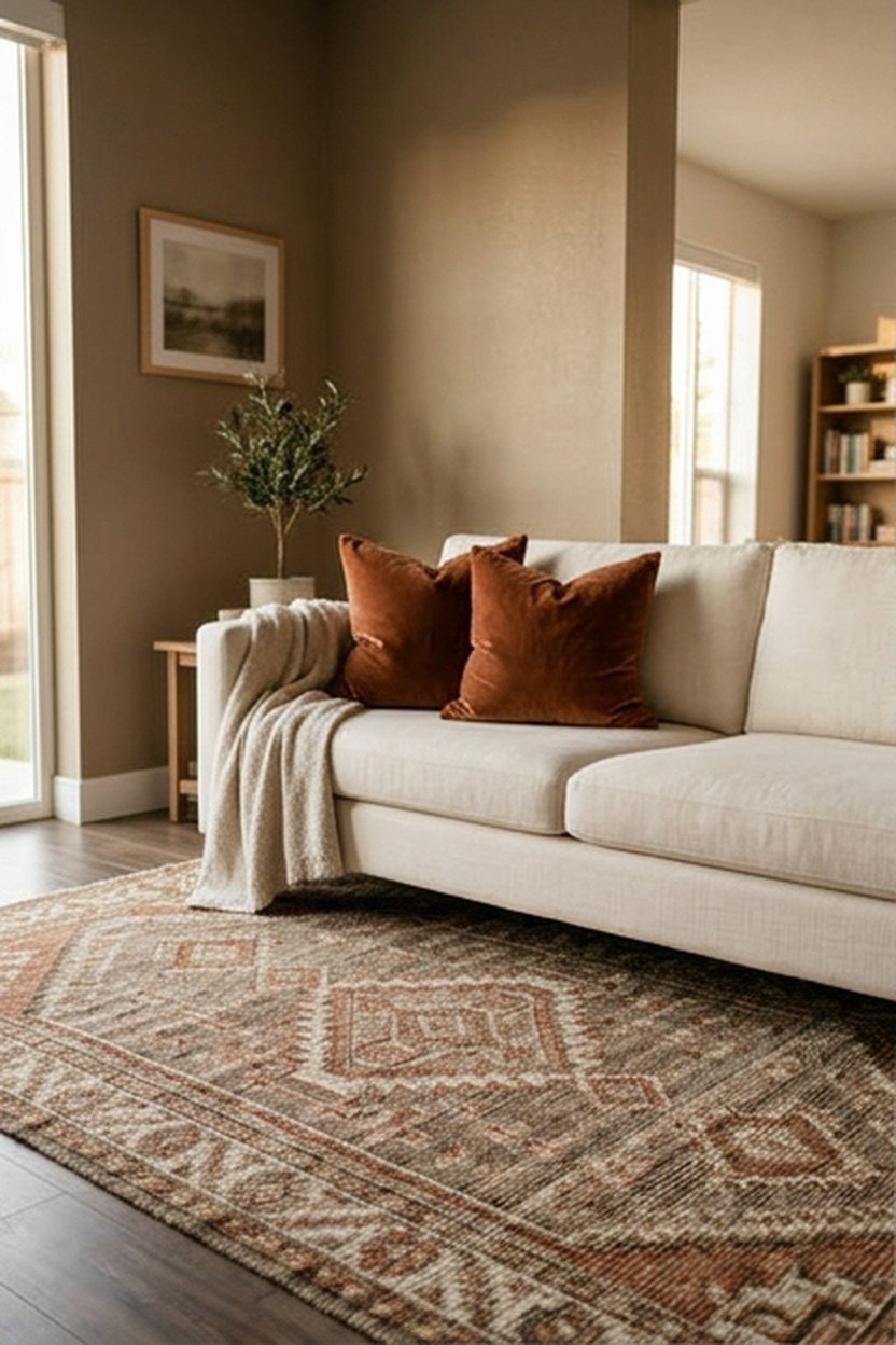 Taupe walls with ivory sofa and rust cushions in an autumn living room