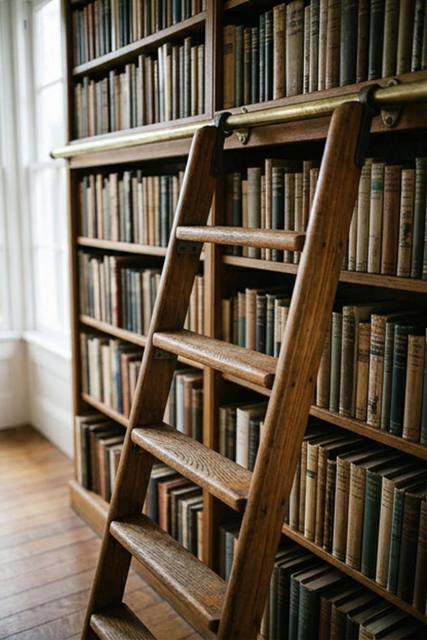A teak wood library ladder mounted on a rail beside a bookshelf